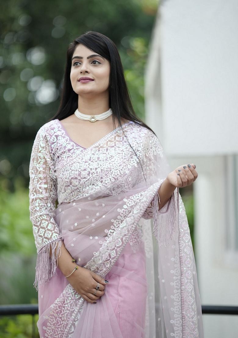 Grey Sequin Embroidered Net Saree Set