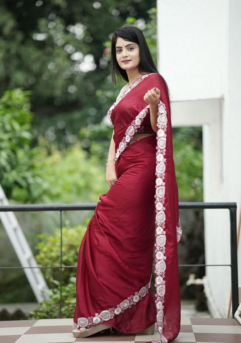 Maroon Sequin Embroidered Satin Saree Set