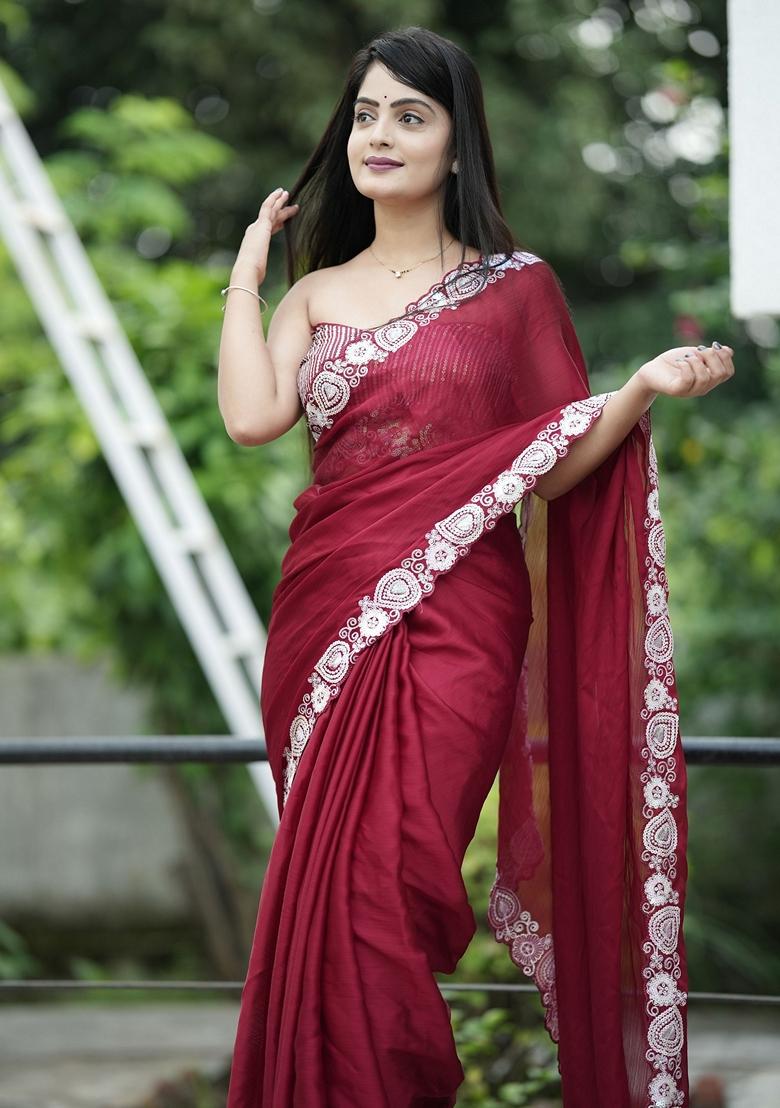 Maroon Sequin Embroidered Satin Saree Set