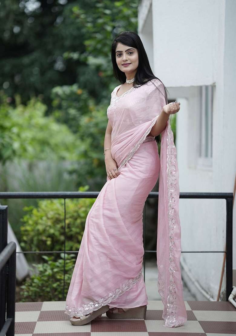 Purple Chiffon Saree Set with Embroidered & Sequin for Diwali | Wedding & Festive Wear - Indya