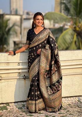 Black Resham Woven Silk Saree Set