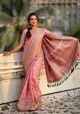 Pink Resham Woven Silk Saree Set