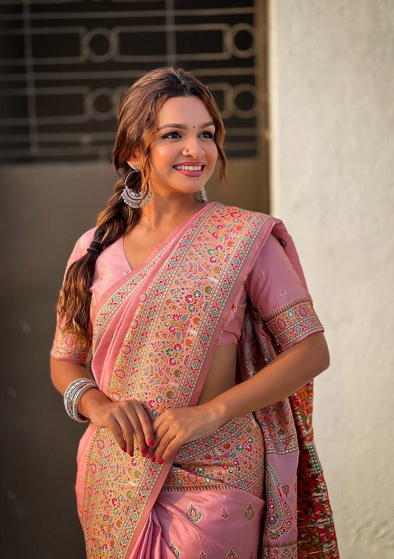 Pink Resham Woven Silk Saree Set