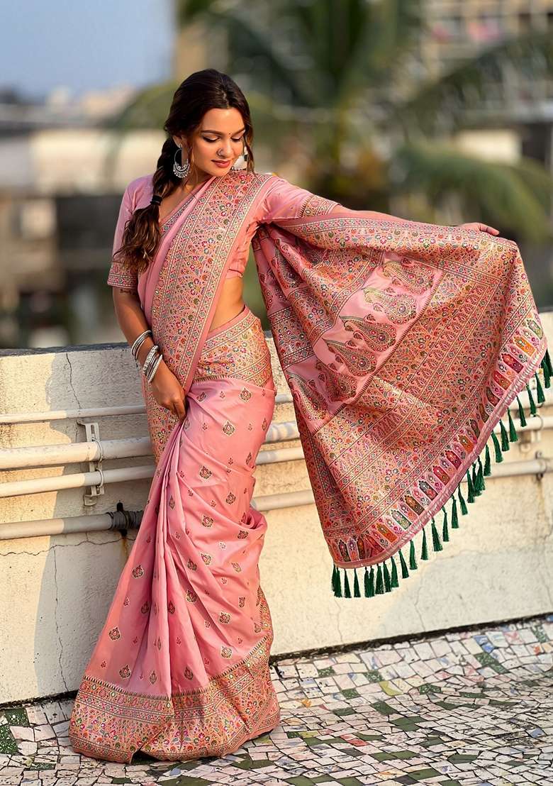 Pink Resham Woven Silk Saree Set for Diwali | Wedding & Festive Wear - Indya