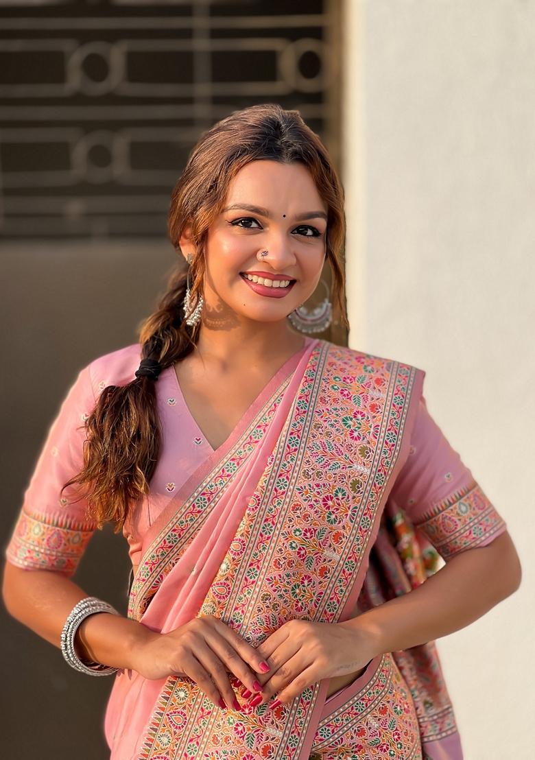 Pink Resham Woven Silk Saree Set