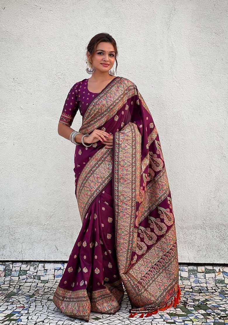 Magenta Resham Woven Silk Saree Set - Indya