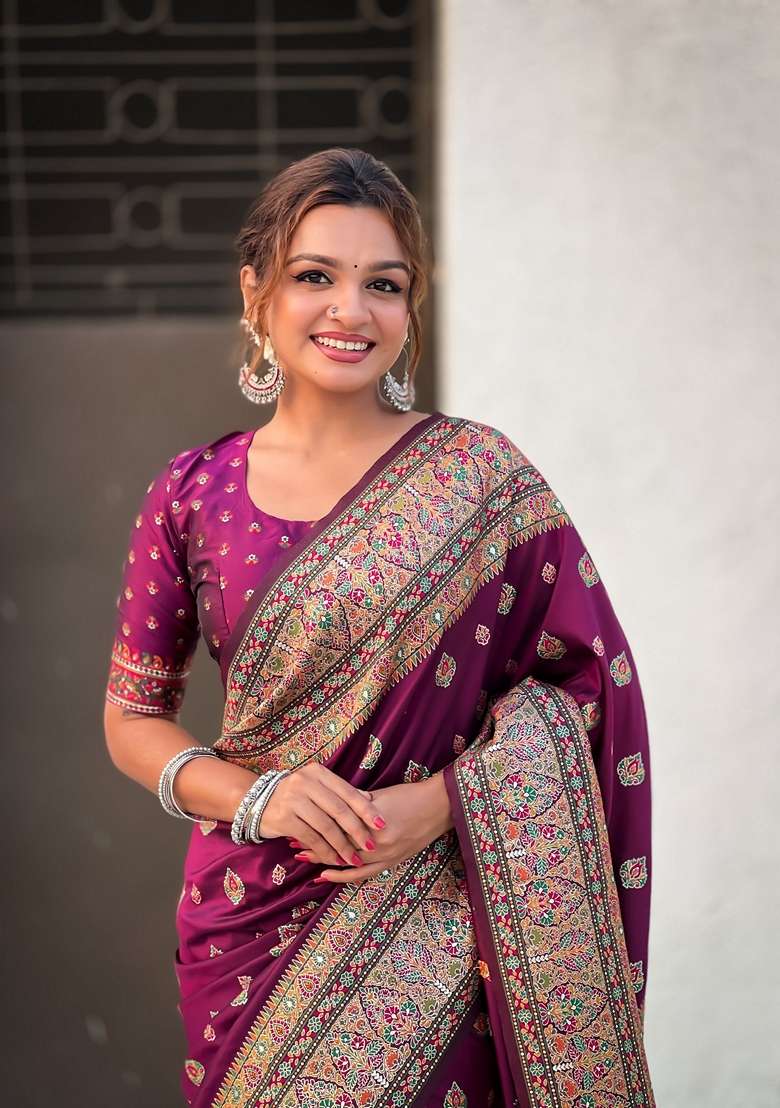 Magenta Resham Woven Silk Saree Set - Indya