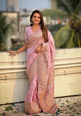 Pink Resham Woven Silk Saree Set