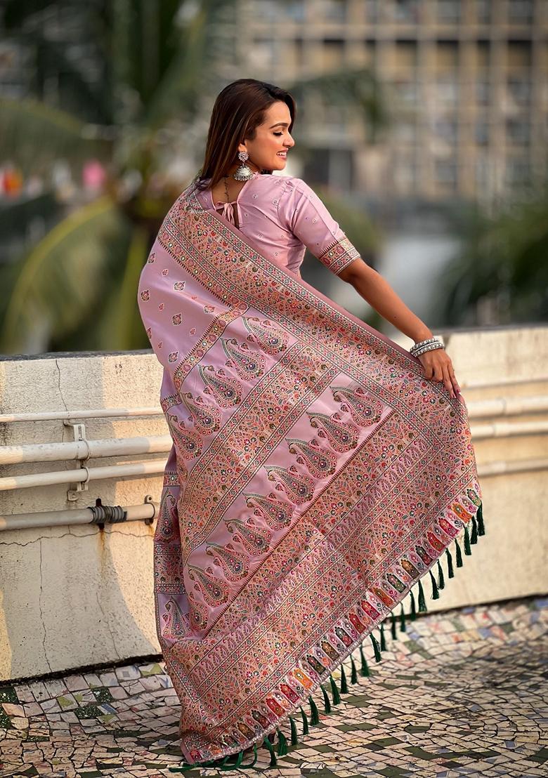Pink Resham Woven Silk Saree Set