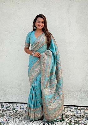 Blue Resham Woven Silk Saree Set