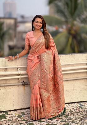 Peach Resham Woven Silk Saree Set