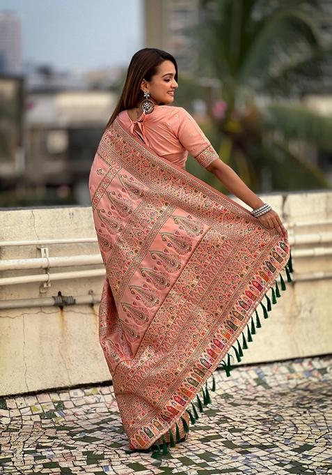 Peach Resham Woven Silk Saree Set