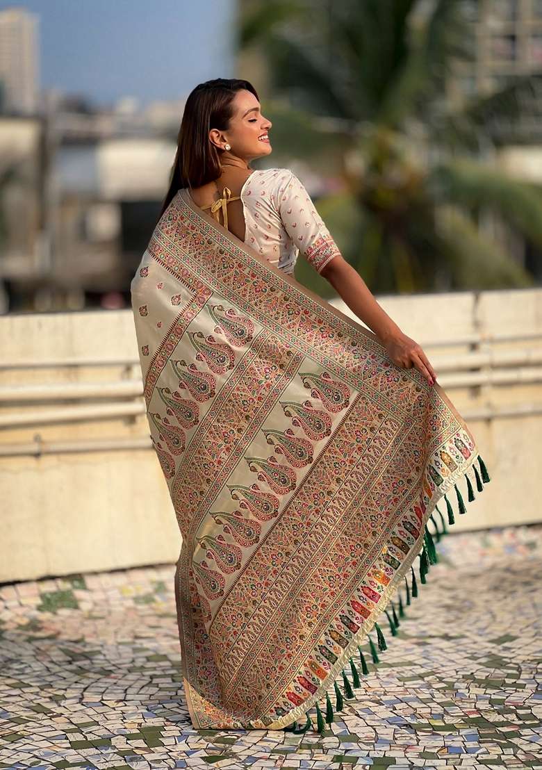 Yellow Resham Woven Silk Saree Set - Indya