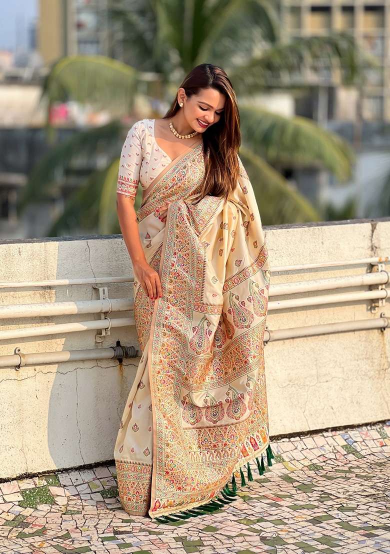 Yellow Resham Woven Silk Saree Set - Indya