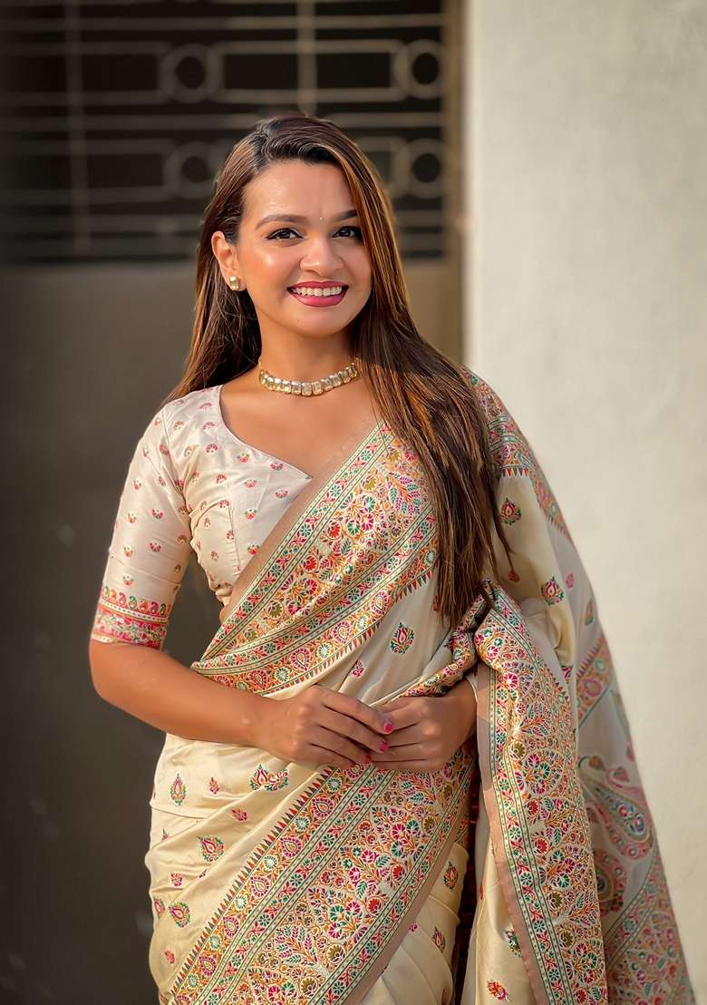 Yellow Resham Woven Silk Saree Set - Indya