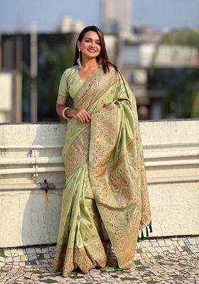 Green Resham Woven Silk Saree Set