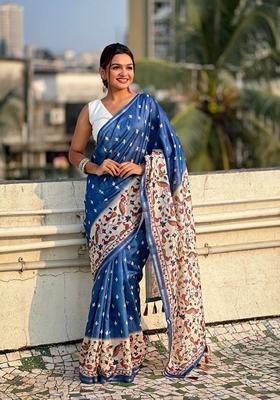 Blue Abstract Print Silk Saree Set