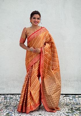 Orange Leheriya Print Art Silk Saree Set