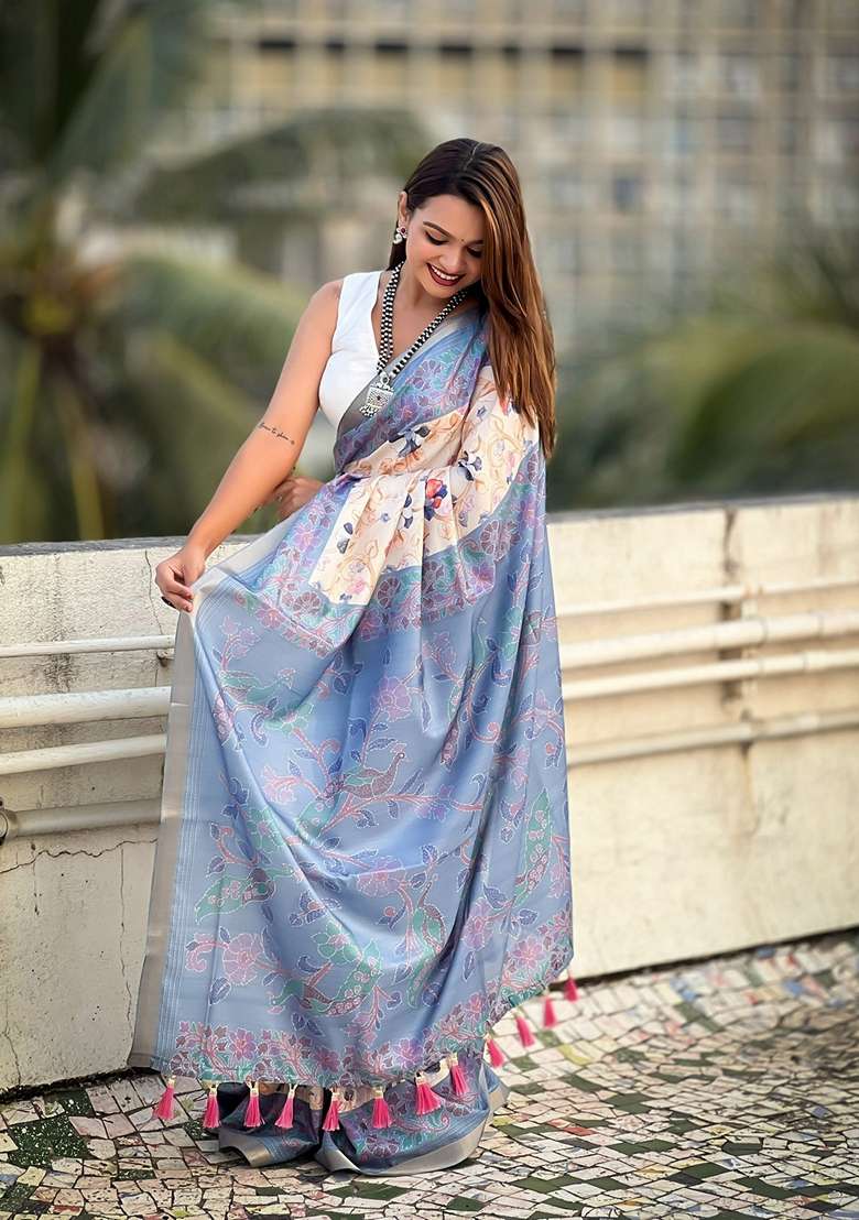 Blue Abstract Print Art Silk Saree Set - Indya