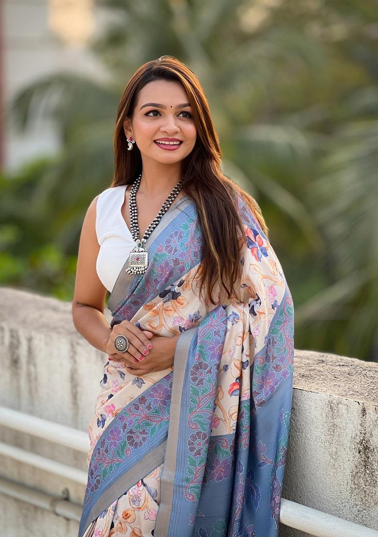 Blue Abstract Print Art Silk Saree Set