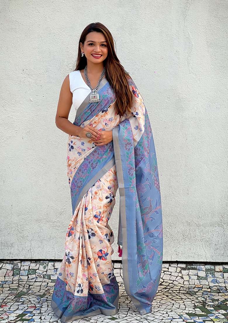 Blue Abstract Print Art Silk Saree Set - Indya