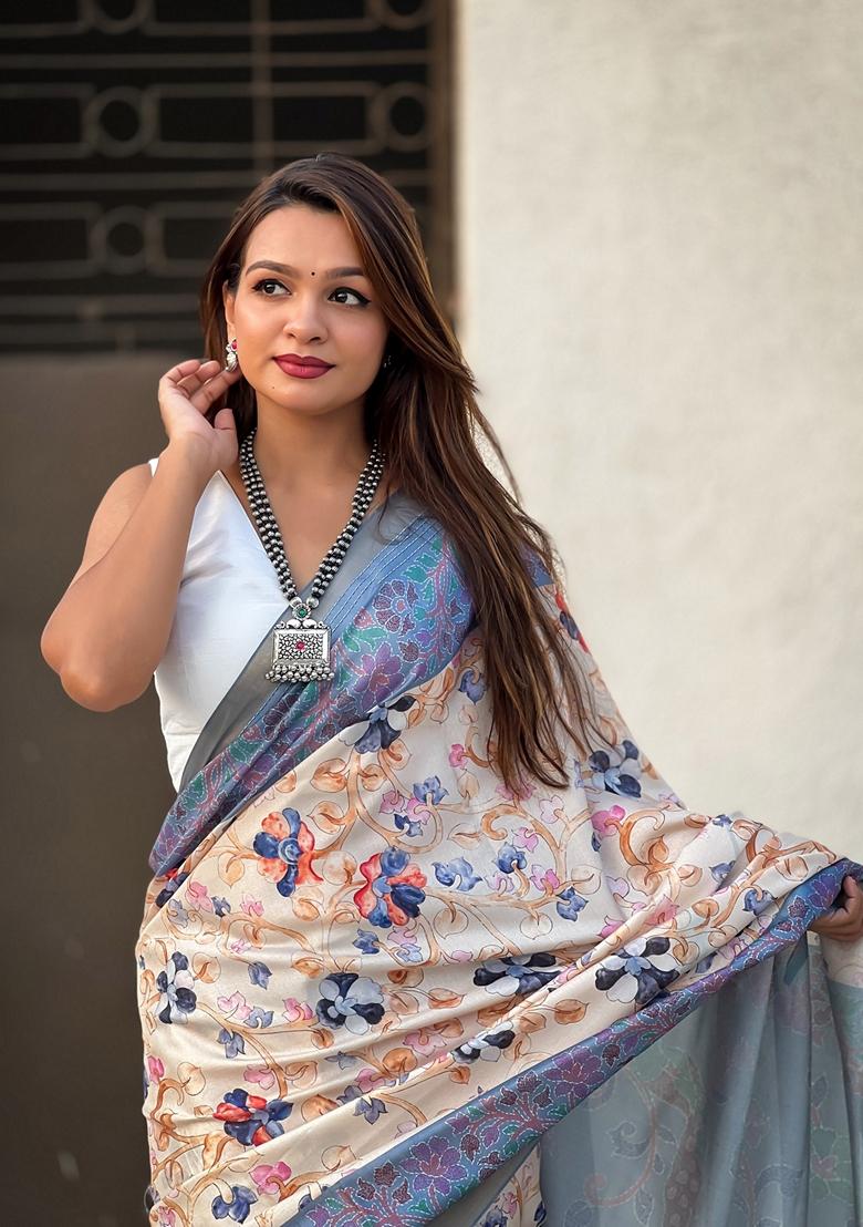 Blue Abstract Print Art Silk Saree Set