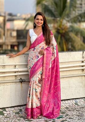 Pink Abstract Print Art Silk Saree Set