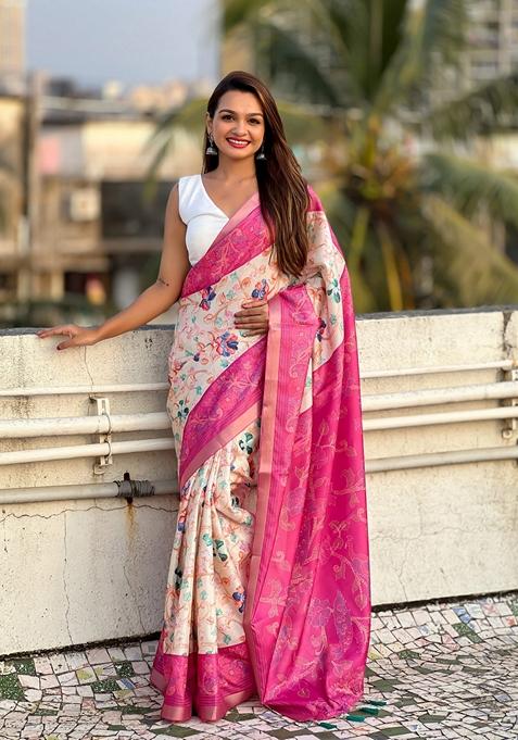 Pink Abstract Print Art Silk Saree Set