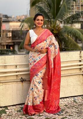 Red Abstract Print Art Silk Saree Set