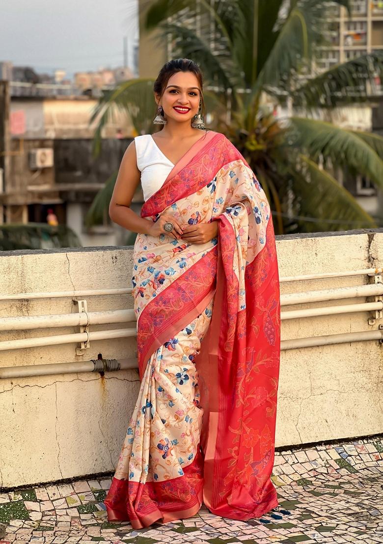 Red Abstract Print Art Silk Saree Set