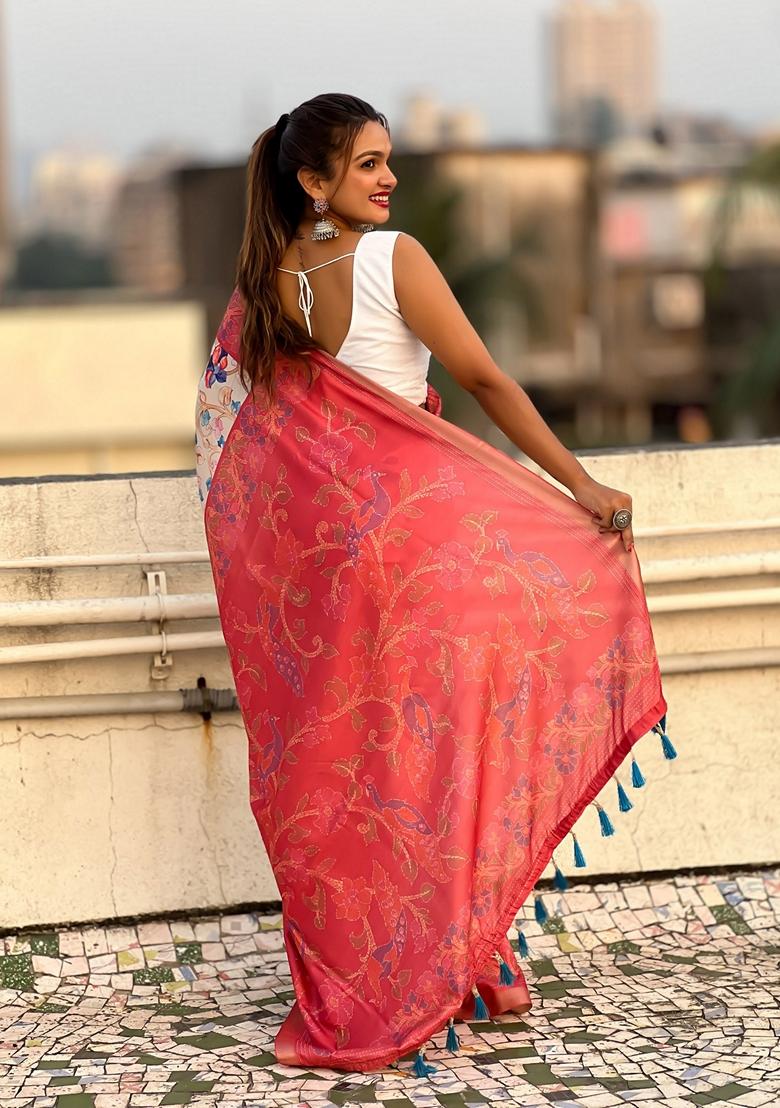 Red Abstract Print Art Silk Saree Set