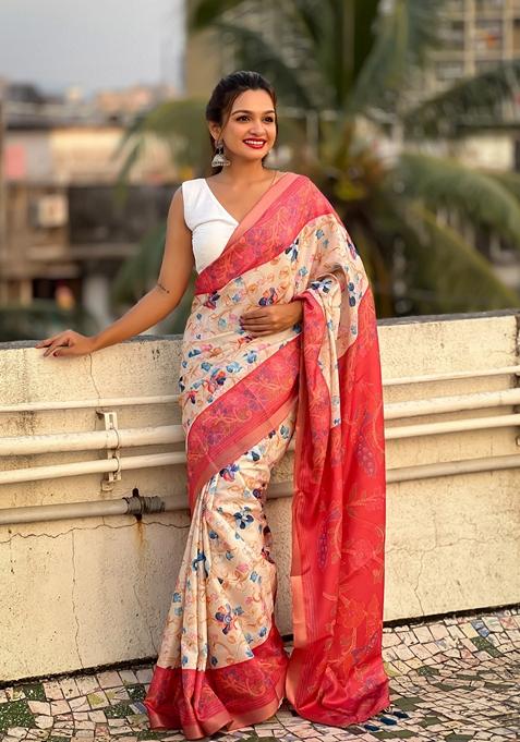 Red Abstract Print Art Silk Saree Set