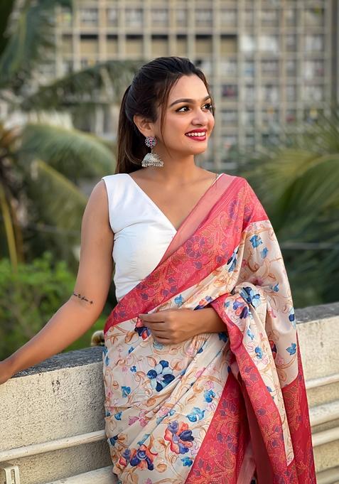 Red Abstract Print Art Silk Saree Set