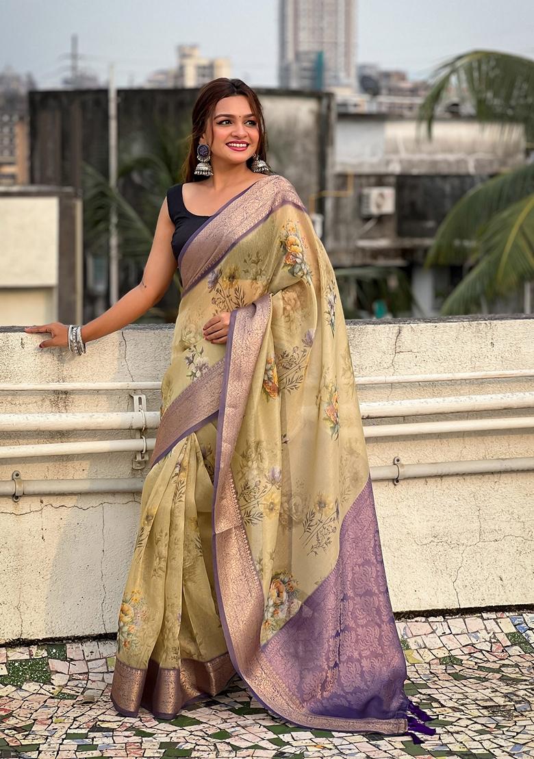 Mustard Floral Print Art Silk Saree Set