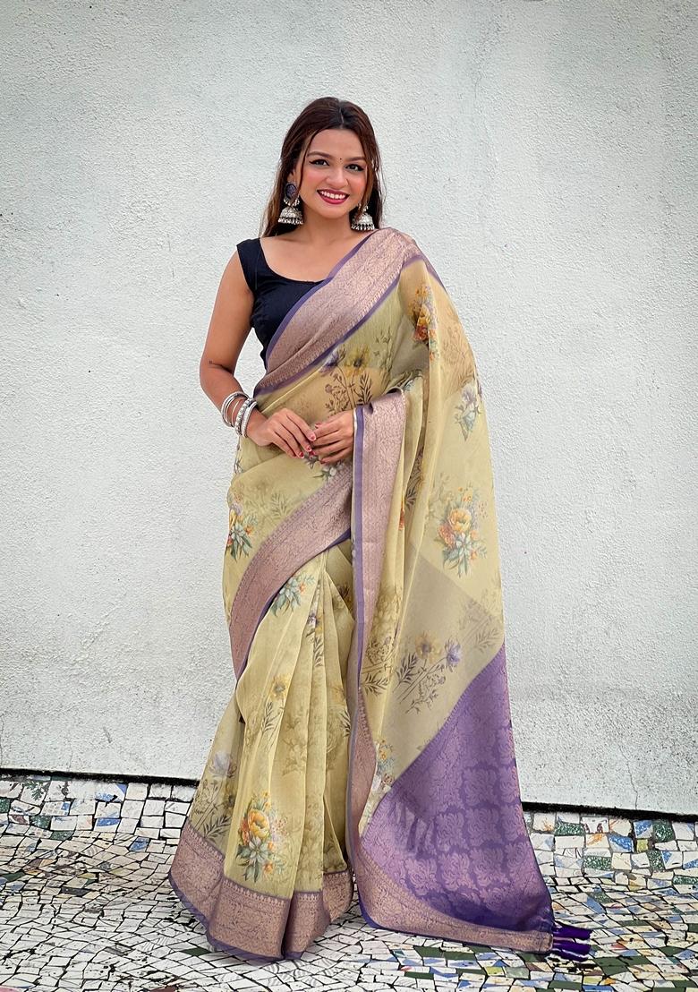 Mustard Floral Print Art Silk Saree Set