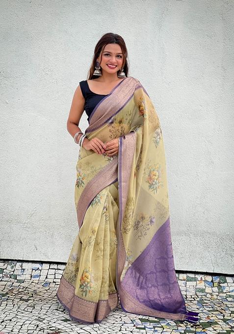 Mustard Floral Print Art Silk Saree Set