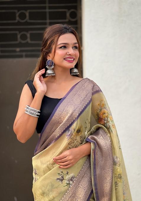 Mustard Floral Print Art Silk Saree Set