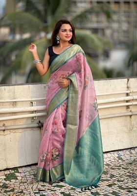 Pink Floral Print Art Silk Saree Set