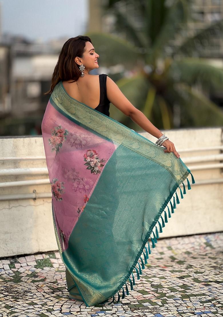 Pink Floral Print Art Silk Saree Set