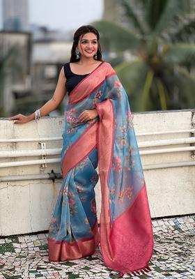 Blue Floral Print Art Silk Saree Set