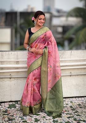 Red Floral Print Art Silk Saree Set