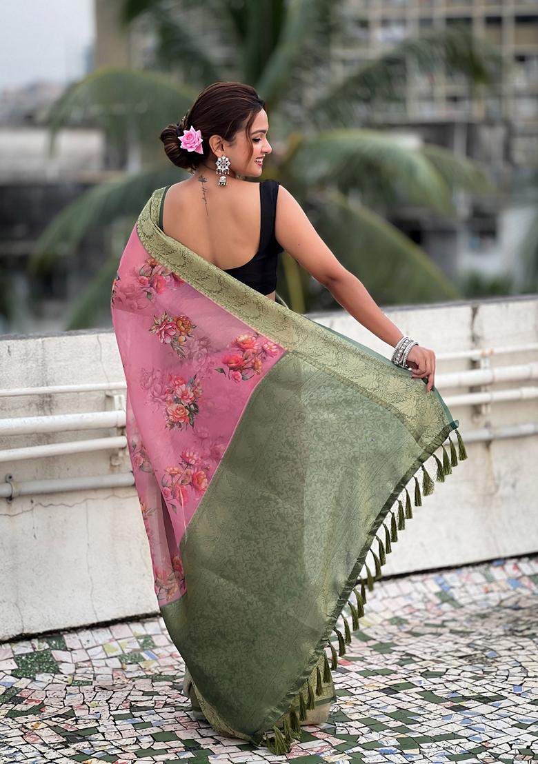 Red Floral Print Art Silk Saree Set