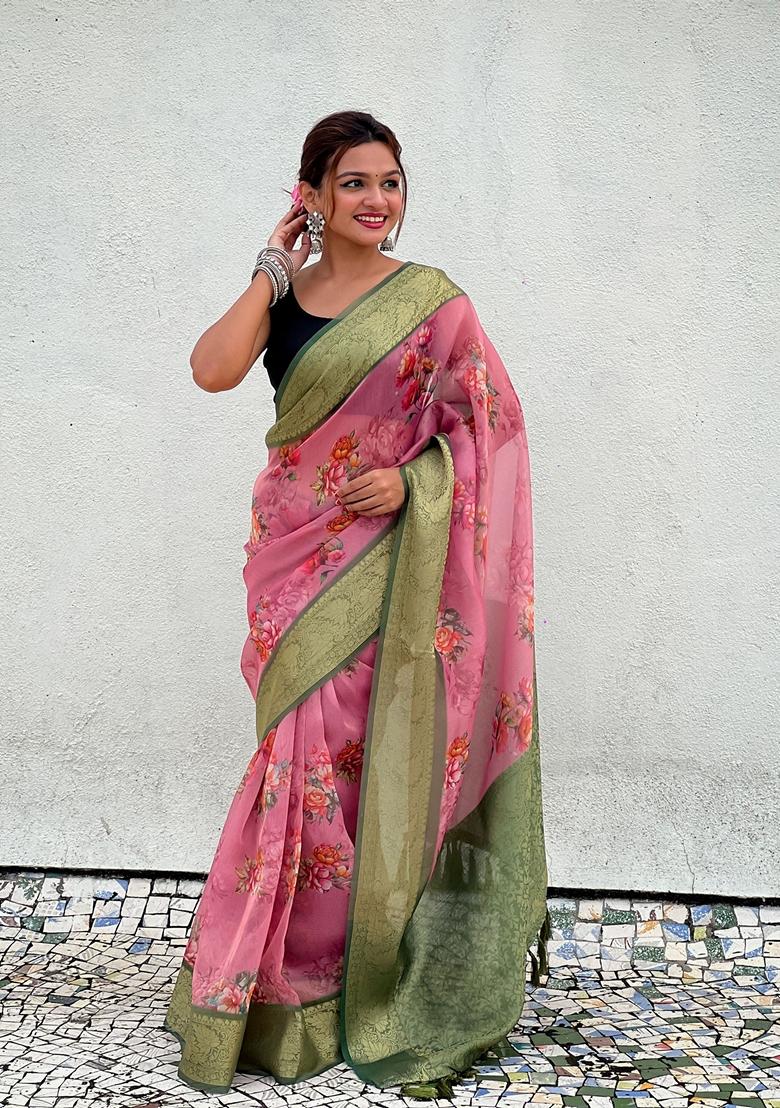 Red Floral Print Art Silk Saree Set