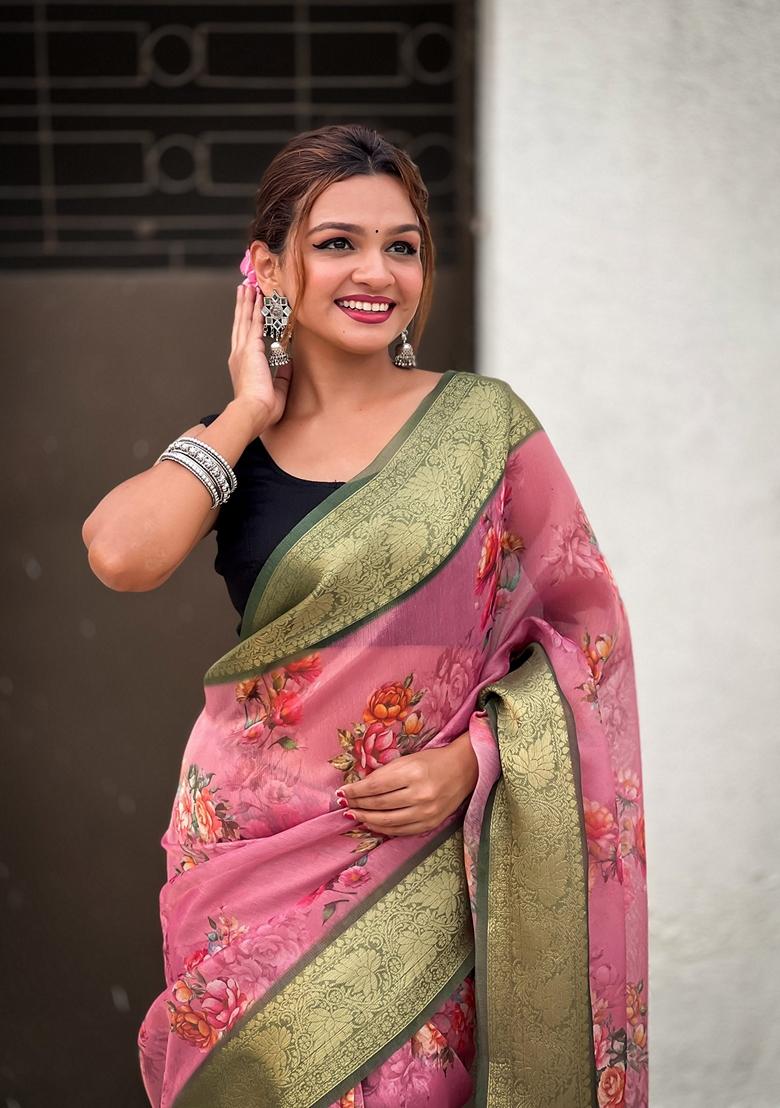 Red Floral Print Art Silk Saree Set