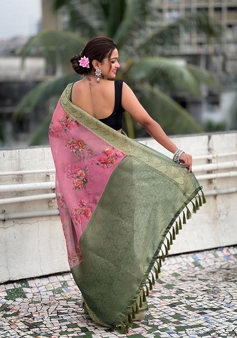 Red Floral Print Art Silk Saree Set