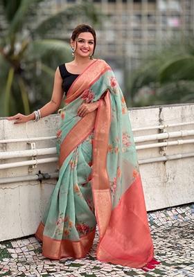 Sea Green Floral Print Art Silk Saree Set