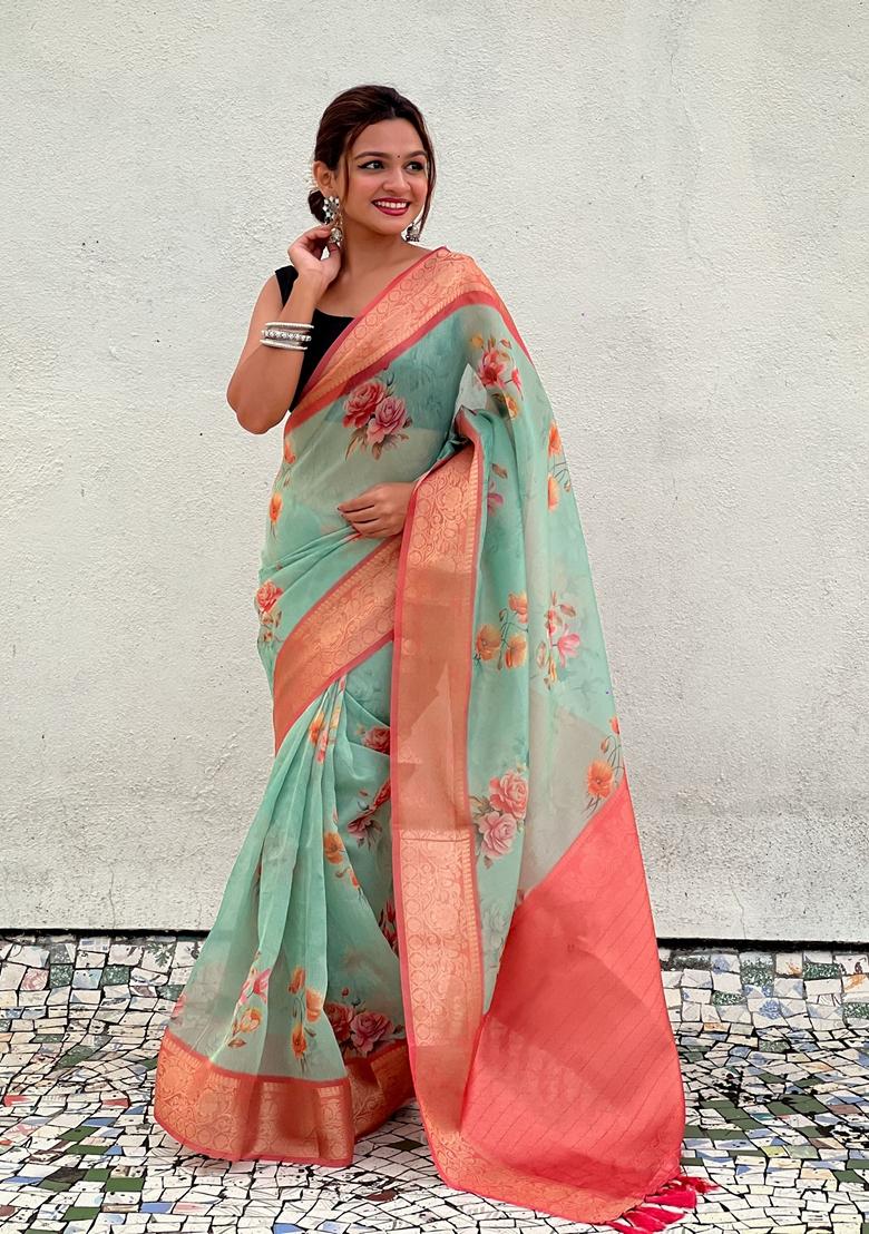 Sea Green Floral Print Art Silk Saree Set