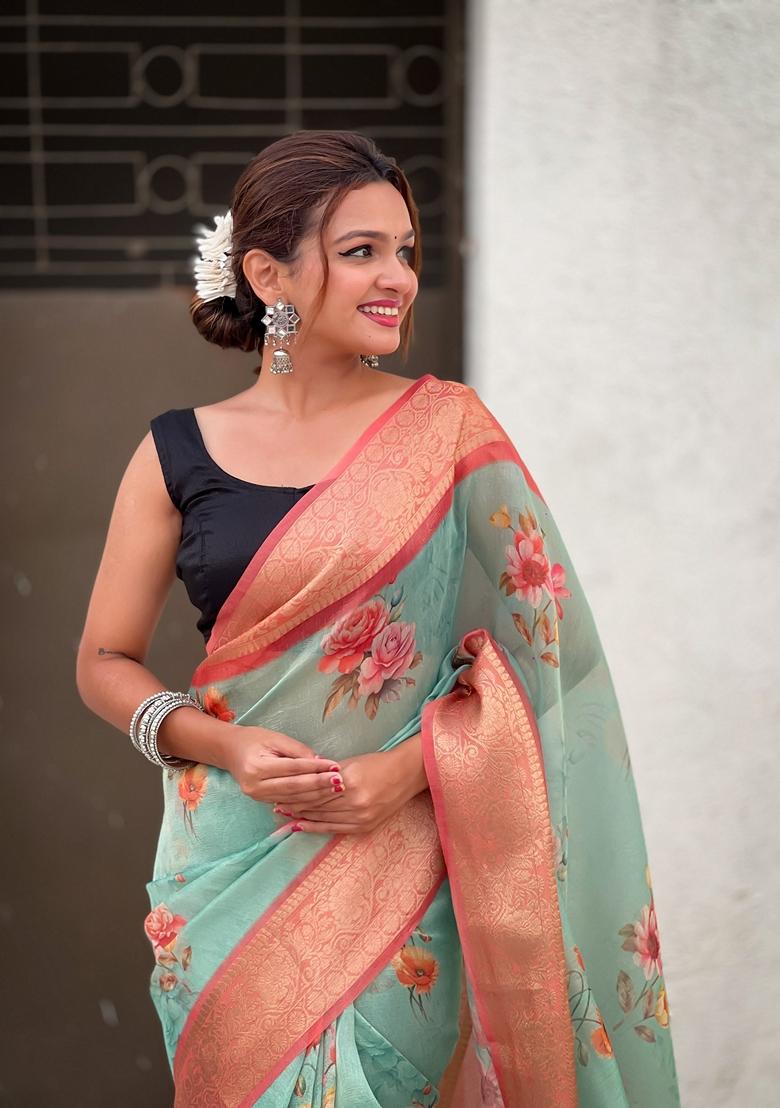 Sea Green Floral Print Art Silk Saree Set