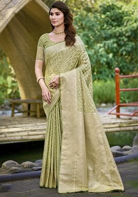 Pista Green Jacquard Silk Saree Set