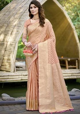Peach Jacquard Silk Saree Set
